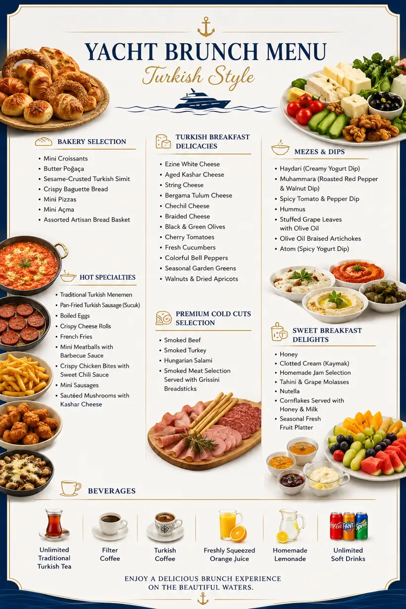Full Brunch Menu of the White Istanbul yacht