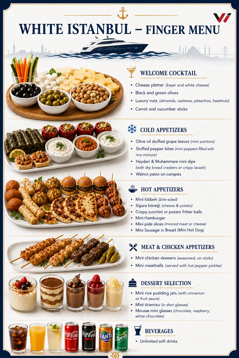 Full Finger Food Menu of the White Istanbul yacht