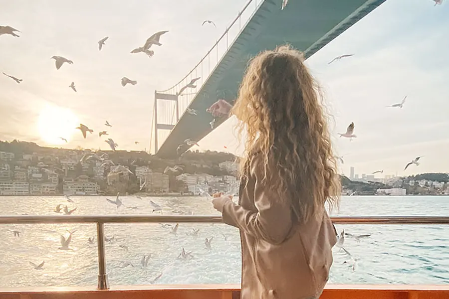 Guest watching seagulls under the Bosphorus Bridge