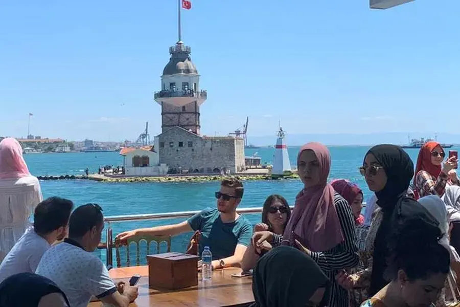 Guests on deck in front of the Maiden's Tower