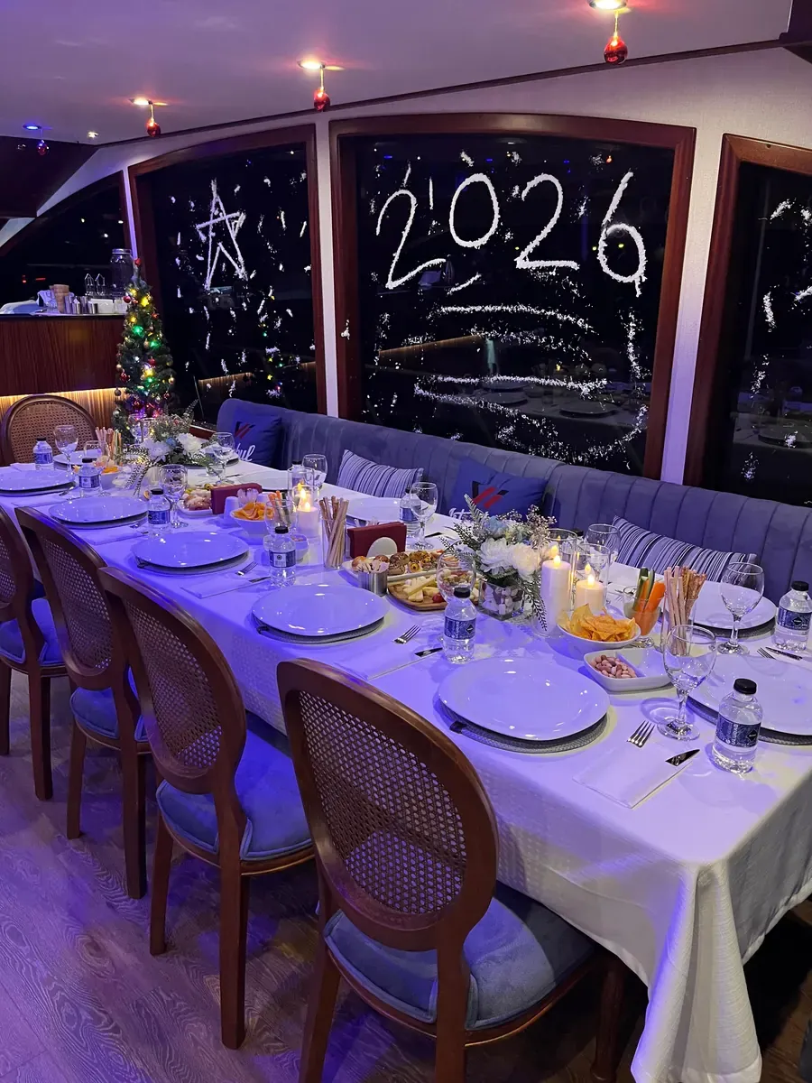 Yacht saloon decorated for New Year's Eve in Istanbul