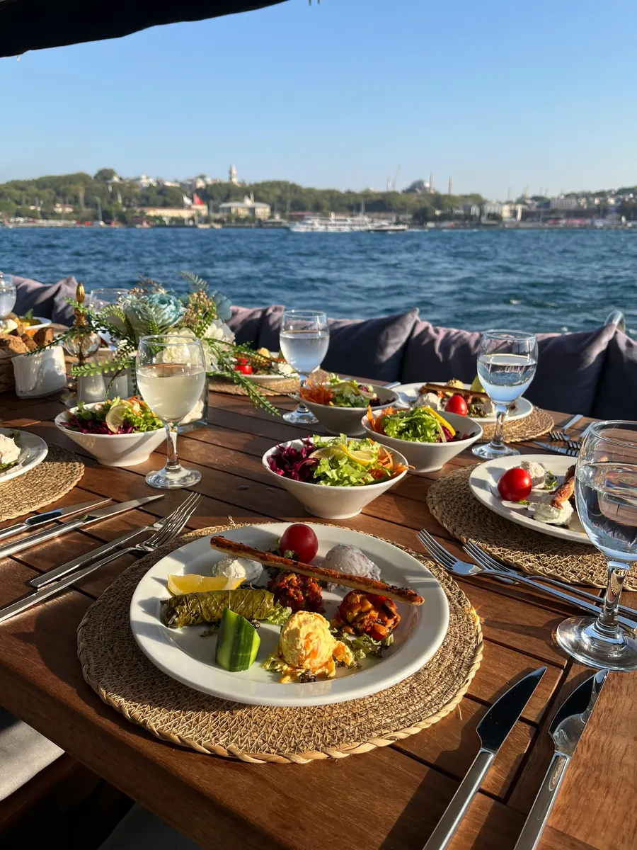 Dinner plate on a yacht deck on the Bosphorus