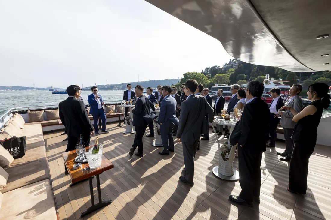 Reception for guests on the deck of a yacht