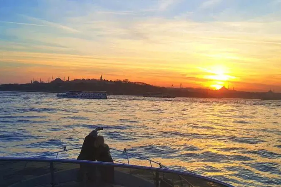 Sunset over the old city of Istanbul from a yacht
