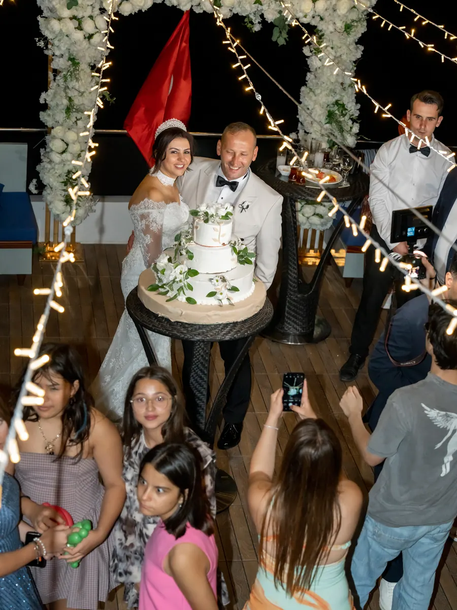 Wedding cake at a reception on a yacht