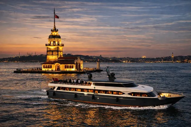 Majesty event yacht passing the Maiden's Tower at sunset
