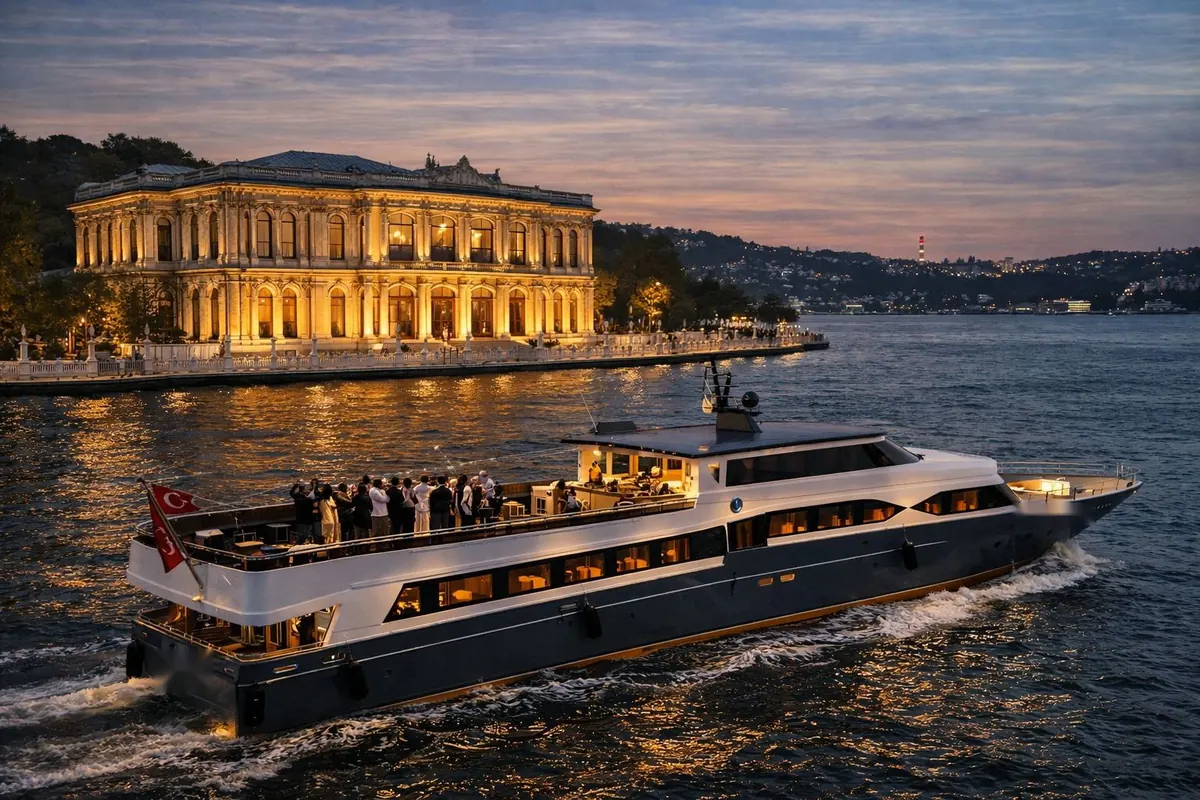 Guests on the deck of Majesty by a Bosphorus palace
