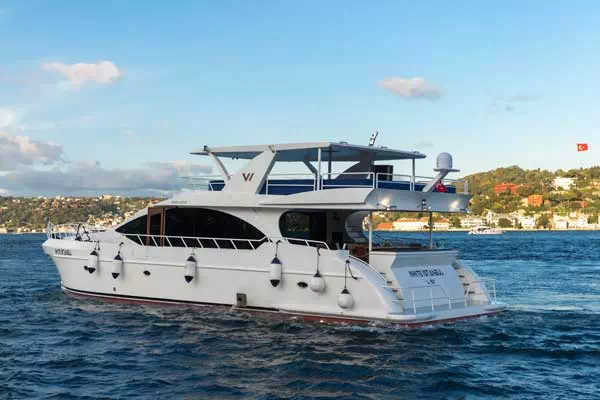 The Bosphorus shoreline and its palaces seen in full daylight from a private yacht