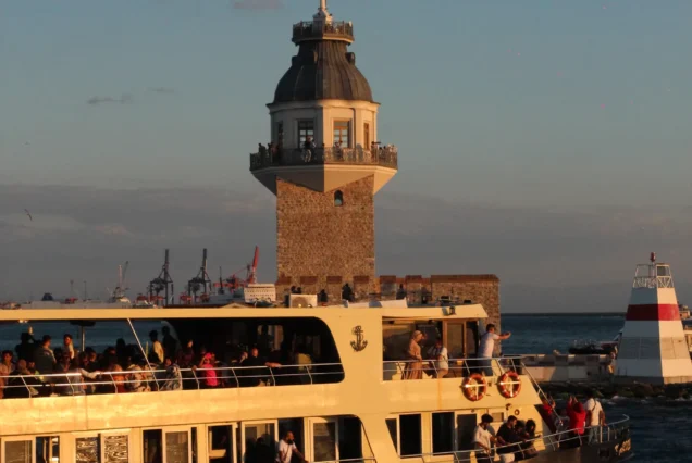 Maidens Tower Kiz Kulesi at sunset from the Bosphorus cruise
